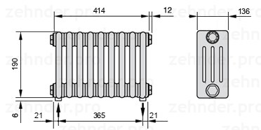 Схема (чертеж) Радиатор Zehnder Charleston 4019/9 №5310 Белый глянцевый RAL 9016